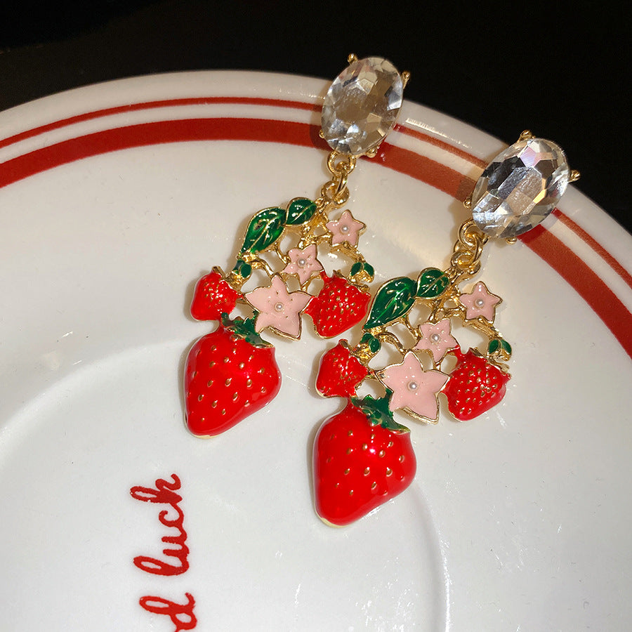 Strawberry Stud Earrings For Women With Golden Alloy And Enamel Craft Featuring Rhinestone Inlay