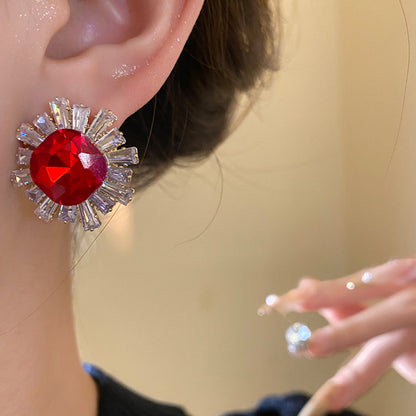 Sun Stud Earrings For Women In Silver Copper Featuring Zircon Inlay
