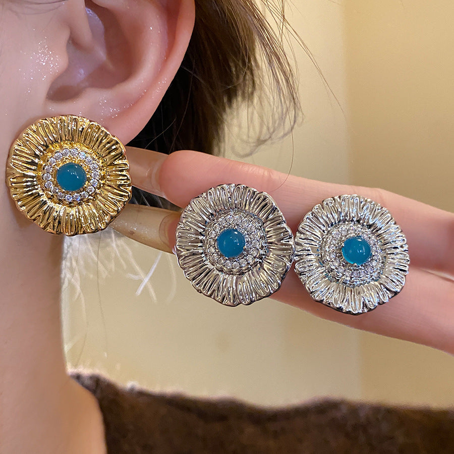 Round Stud Earrings For Women In Copper With Zircon Inlay, Available In Golden