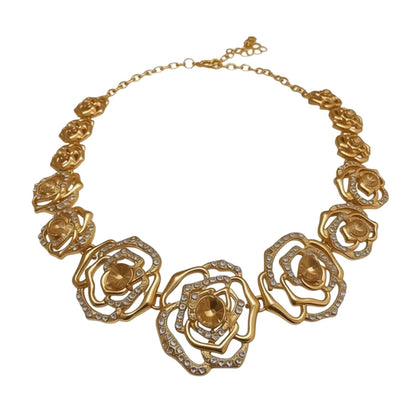 Retro Golden Alloy Flowers Necklace For Women, 1 Set Featuring Elegant Floral Design