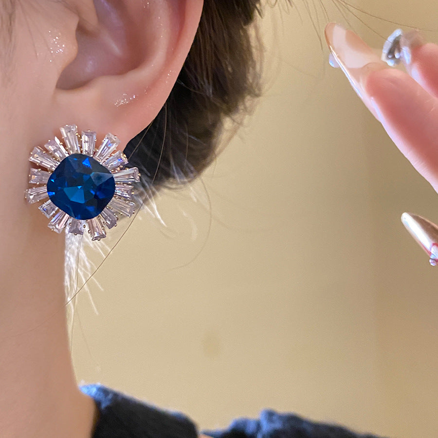 Sun Stud Earrings For Women In Silver Copper Featuring Zircon Inlay