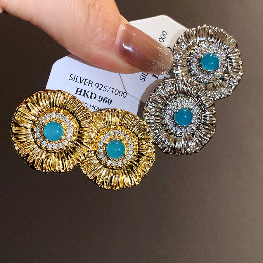 Round Stud Earrings For Women In Copper With Zircon Inlay, Available In Golden