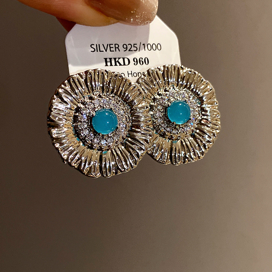 Round Stud Earrings For Women In Copper With Zircon Inlay, Available In Golden