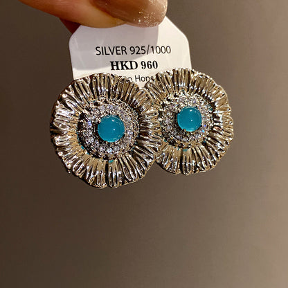 Round Stud Earrings For Women In Copper With Zircon Inlay, Available In Golden