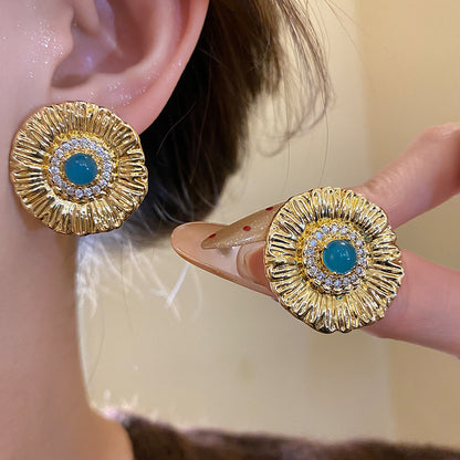 Round Stud Earrings For Women In Copper With Zircon Inlay, Available In Golden