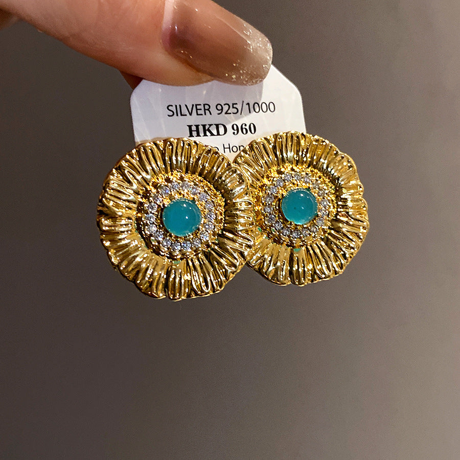 Round Stud Earrings For Women In Copper With Zircon Inlay, Available In Golden