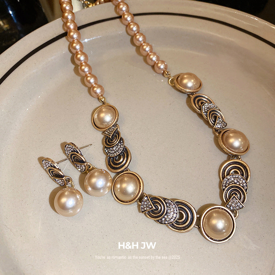 Retro Round Imitation Pearl Necklace For Women In Golden Color, Perfect For Daily Wear