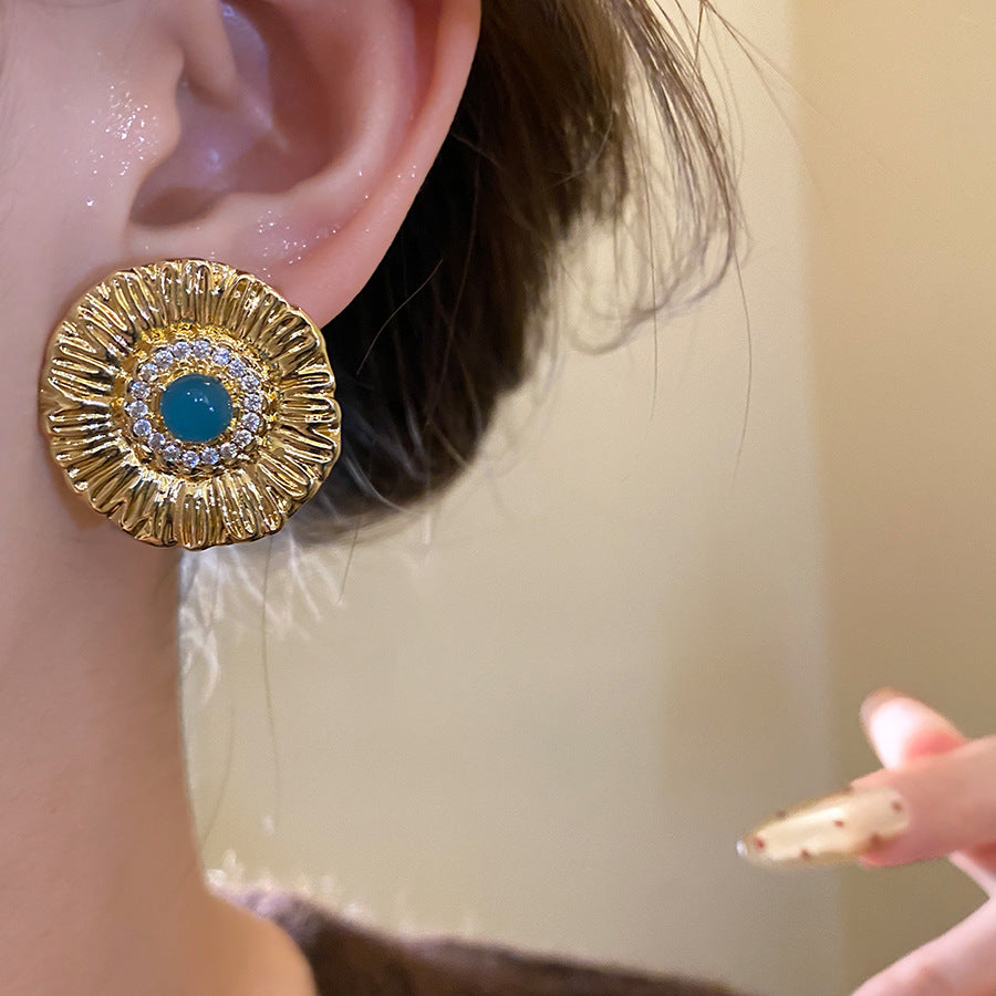 Round Stud Earrings For Women In Copper With Zircon Inlay, Available In Golden