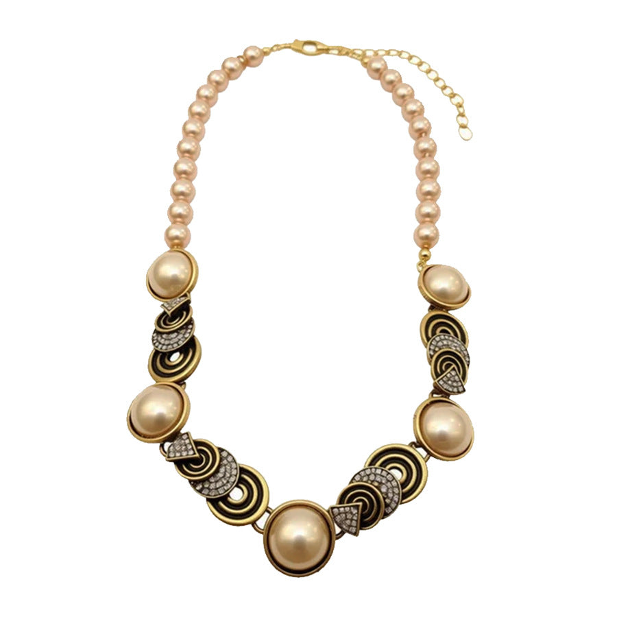 Retro Round Imitation Pearl Necklace For Women In Golden Color, Perfect For Daily Wear