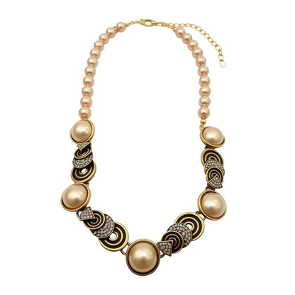 Retro Round Imitation Pearl Necklace For Women In Golden Color, Perfect For Daily Wear