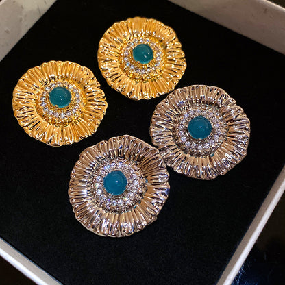 Round Stud Earrings For Women In Copper With Zircon Inlay, Available In Golden