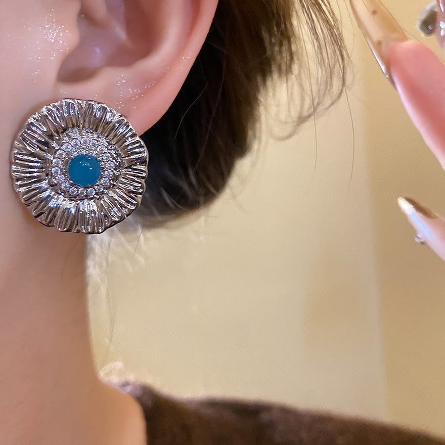 Round Stud Earrings For Women In Copper With Zircon Inlay, Available In Golden