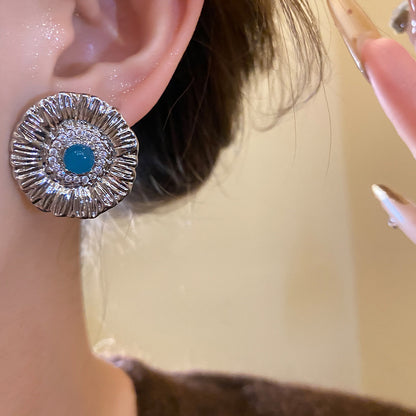 Round Stud Earrings For Women In Copper With Zircon Inlay, Available In Golden