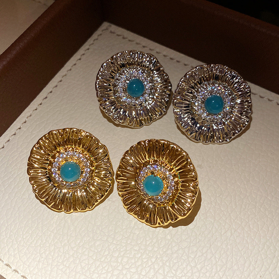 Round Stud Earrings For Women In Copper With Zircon Inlay, Available In Golden