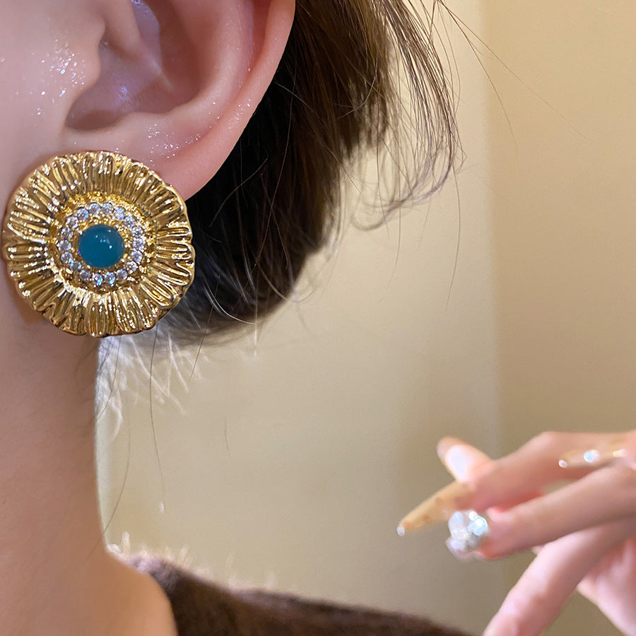 Round Stud Earrings For Women In Copper With Zircon Inlay, Available In Golden