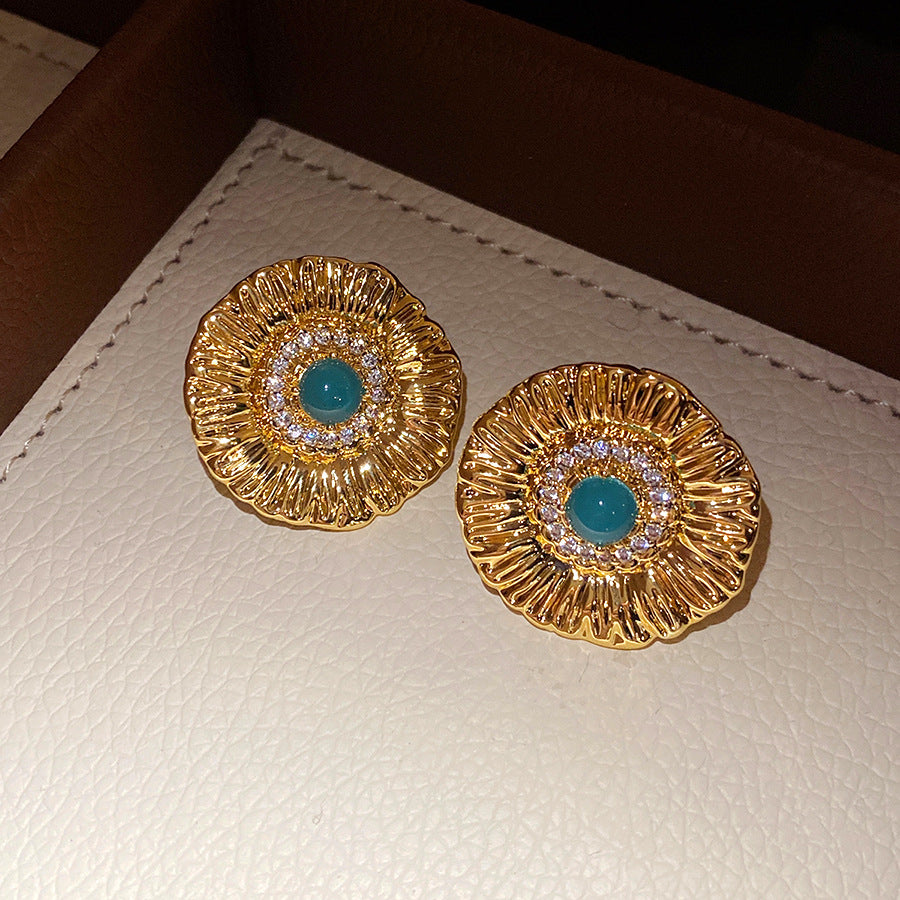 Round Stud Earrings For Women In Copper With Zircon Inlay, Available In Golden