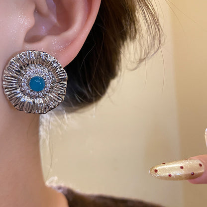 Round Stud Earrings For Women In Copper With Zircon Inlay, Available In Golden