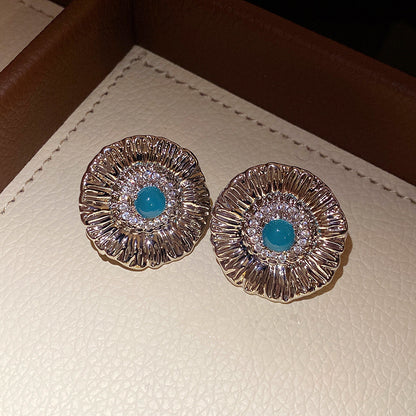 Round Stud Earrings For Women In Copper With Zircon Inlay, Available In Golden
