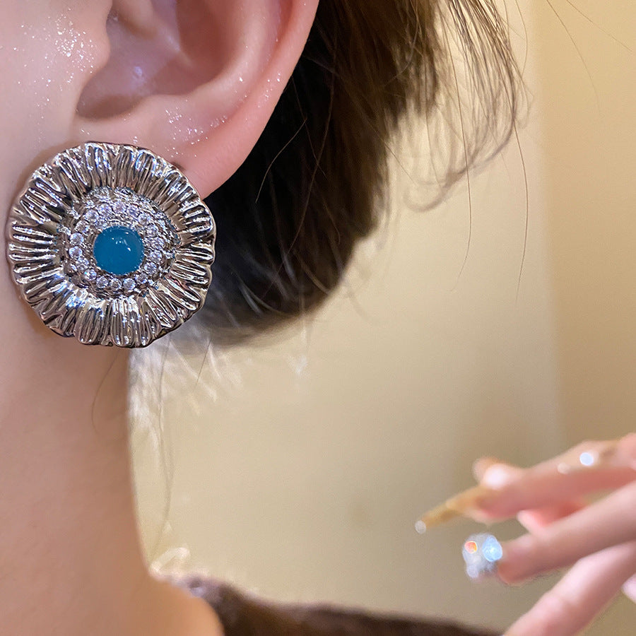 Round Stud Earrings For Women In Copper With Zircon Inlay, Available In Golden