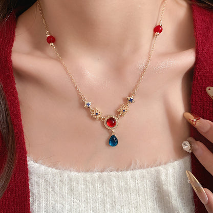 Round Retro Alloy Necklace In Red, For Stylish Vintage Look, 1 Set
