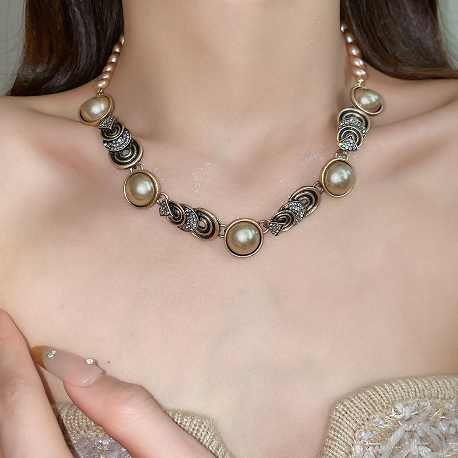 Retro Round Imitation Pearl Necklace For Women In Golden Color, Perfect For Daily Wear