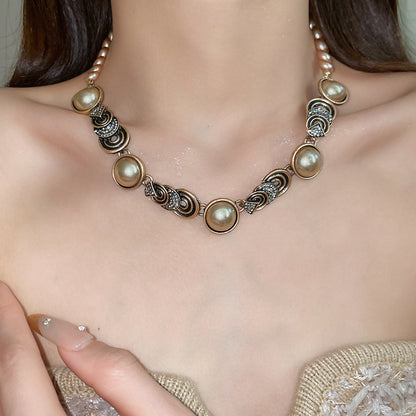 Retro Round Imitation Pearl Necklace For Women In Golden Color, Perfect For Daily Wear