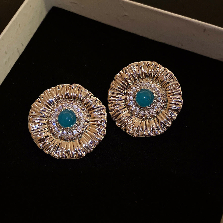 Round Stud Earrings For Women In Copper With Zircon Inlay, Available In Golden