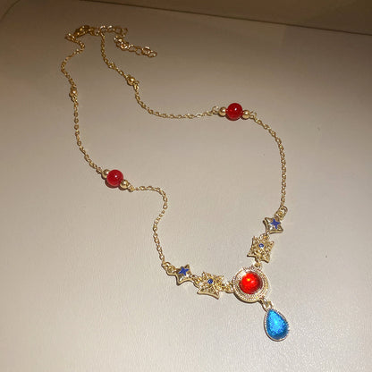 Round Retro Alloy Necklace In Red, For Stylish Vintage Look, 1 Set