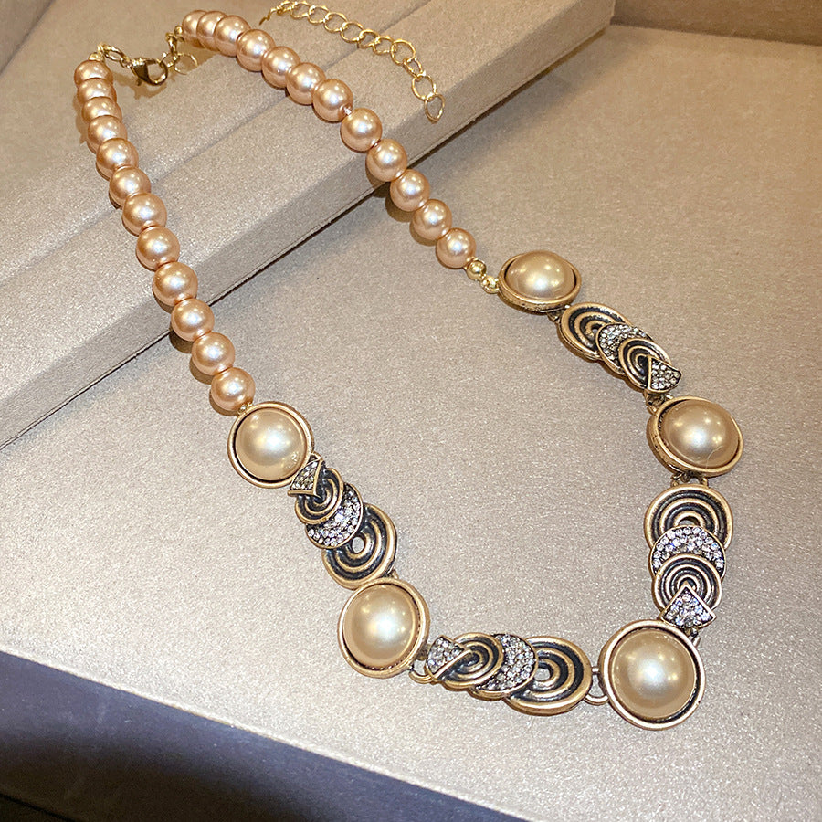Retro Round Imitation Pearl Necklace For Women In Golden Color, Perfect For Daily Wear