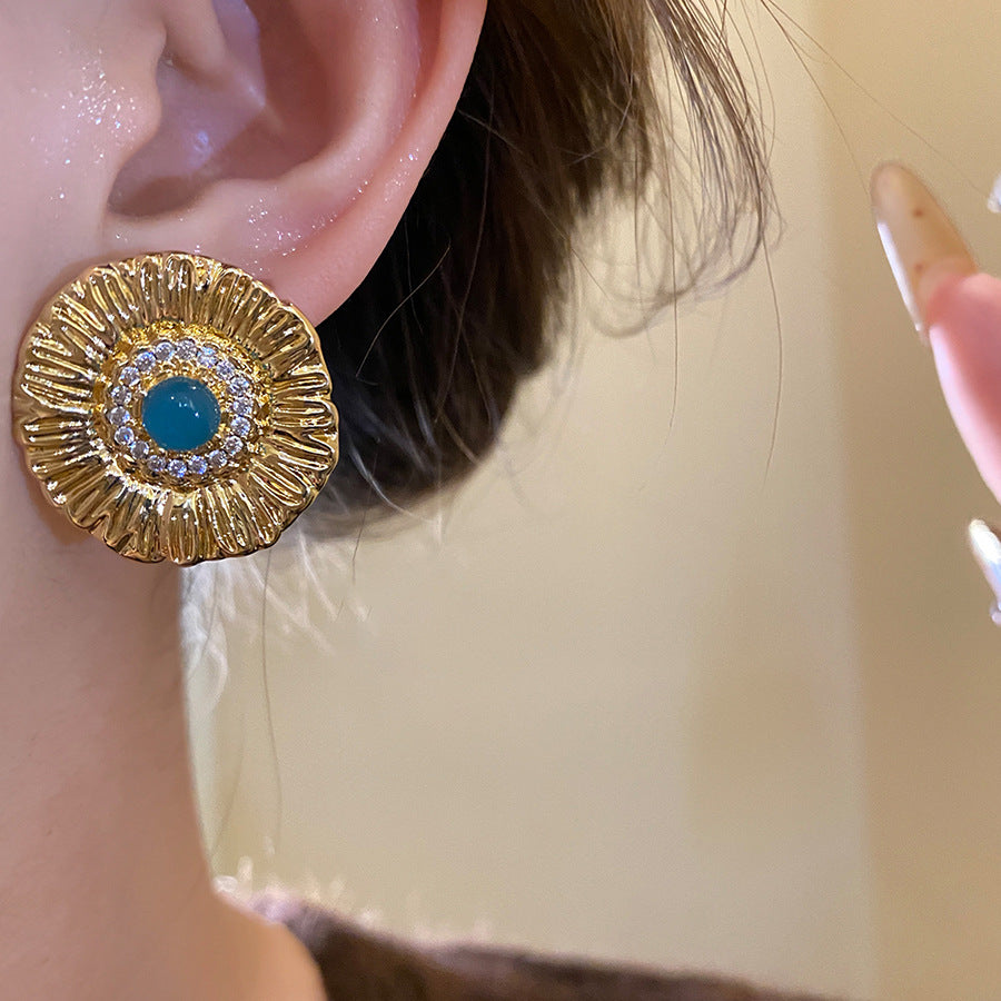 Round Stud Earrings For Women In Copper With Zircon Inlay, Available In Golden