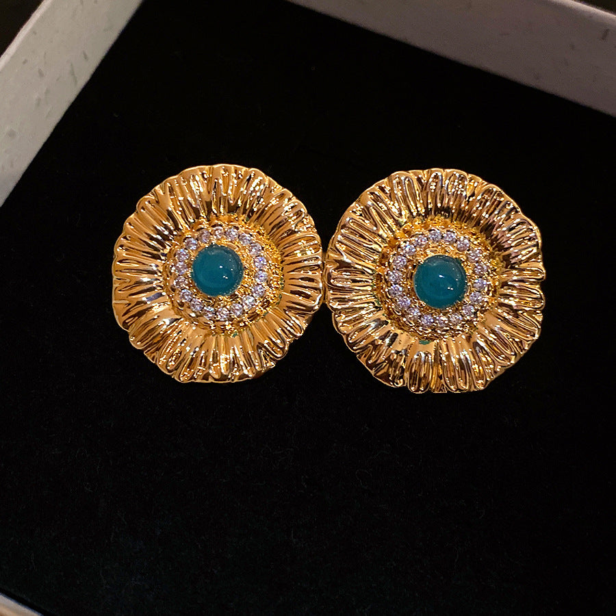 Round Stud Earrings For Women In Copper With Zircon Inlay, Available In Golden