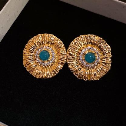 Round Stud Earrings For Women In Copper With Zircon Inlay, Available In Golden