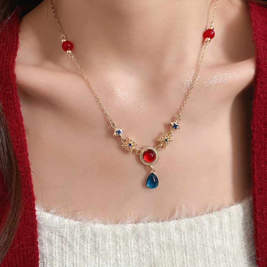 Round Retro Alloy Necklace In Red, For Stylish Vintage Look, 1 Set