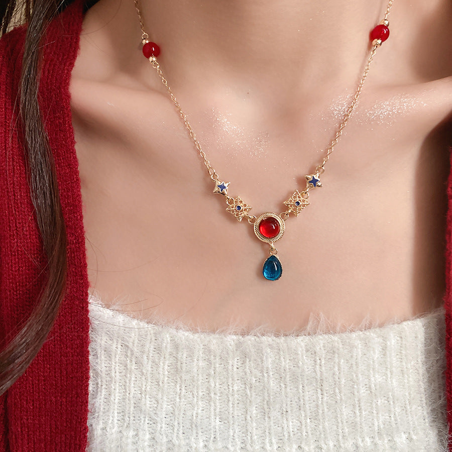 Round Retro Alloy Necklace In Red, For Stylish Vintage Look, 1 Set