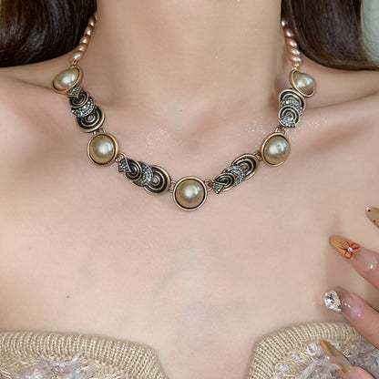 Retro Round Imitation Pearl Necklace For Women In Golden Color, Perfect For Daily Wear