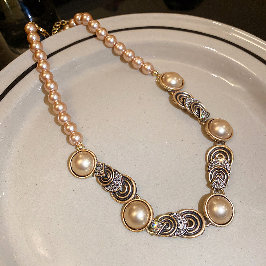 Retro Round Imitation Pearl Necklace For Women In Golden Color, Perfect For Daily Wear