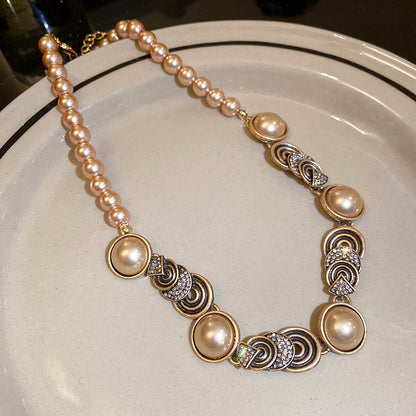 Retro Round Imitation Pearl Necklace For Women In Golden Color, Perfect For Daily Wear
