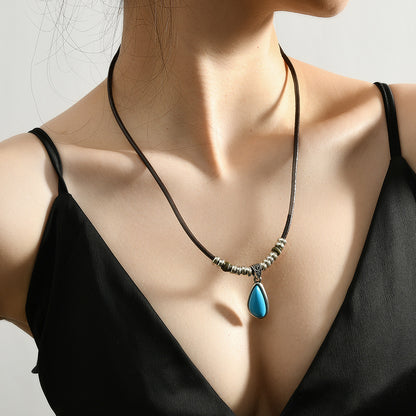 Water Droplets Sweater Chain For Ethnic Style Featuring Leather Rope In Coffer Color