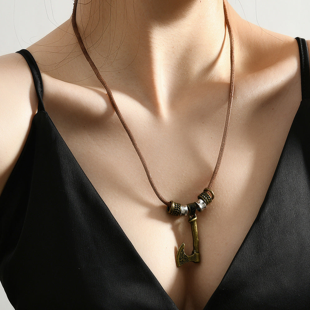 Ethnic Style Axe Necklace For Unisex Featuring Leather Rope Material
