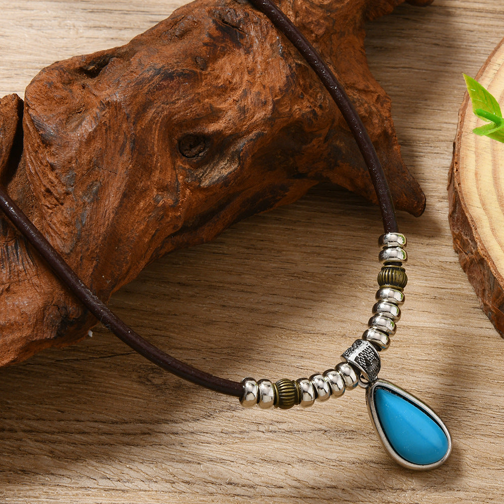 Water Droplets Sweater Chain For Ethnic Style Featuring Leather Rope In Coffer Color