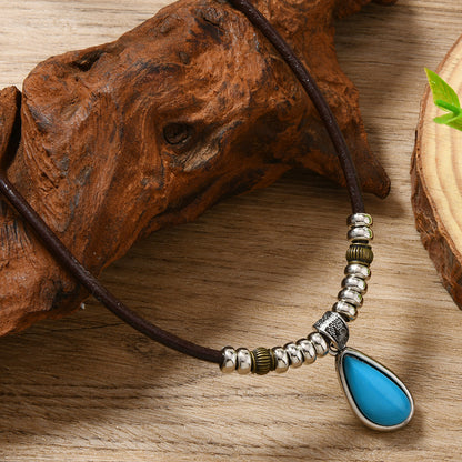 Water Droplets Sweater Chain For Ethnic Style Featuring Leather Rope In Coffer Color