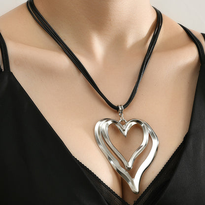 Heart Shape Double Layer Necklace For Women In Black, 1 Piece Elegant Jewelry Accessory