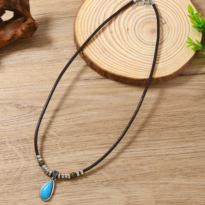 Water Droplets Sweater Chain For Ethnic Style Featuring Leather Rope In Coffer Color