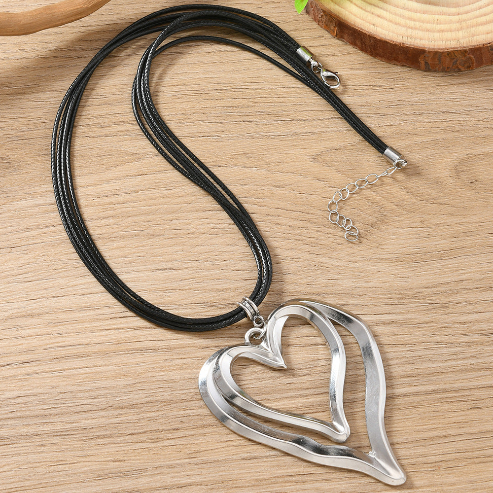 Heart Shape Double Layer Necklace For Women In Black, 1 Piece Elegant Jewelry Accessory