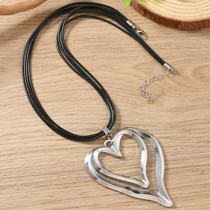 Heart Shape Double Layer Necklace For Women In Black, 1 Piece Elegant Jewelry Accessory