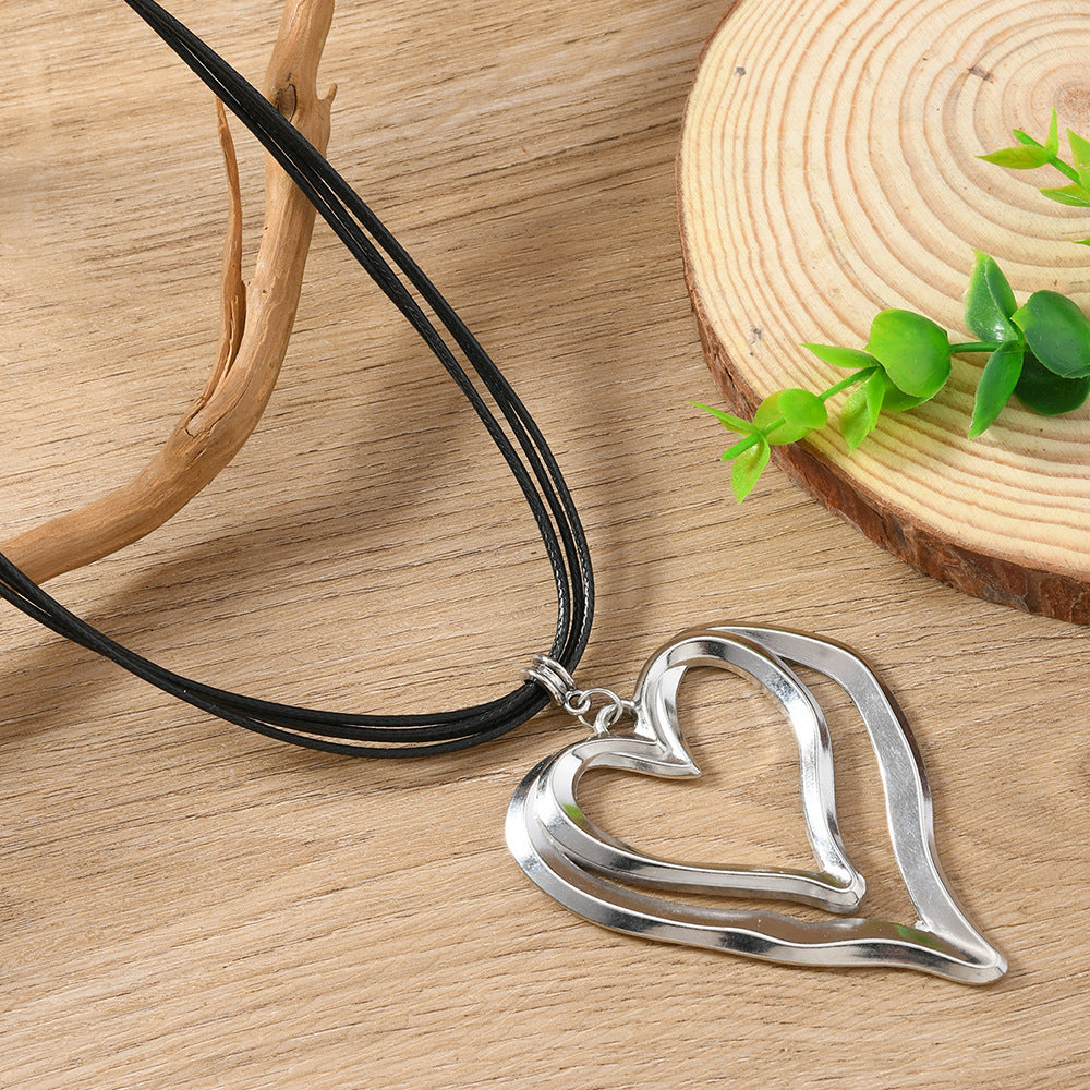 Heart Shape Double Layer Necklace For Women In Black, 1 Piece Elegant Jewelry Accessory