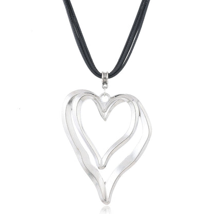 Heart Shape Double Layer Necklace For Women In Black, 1 Piece Elegant Jewelry Accessory