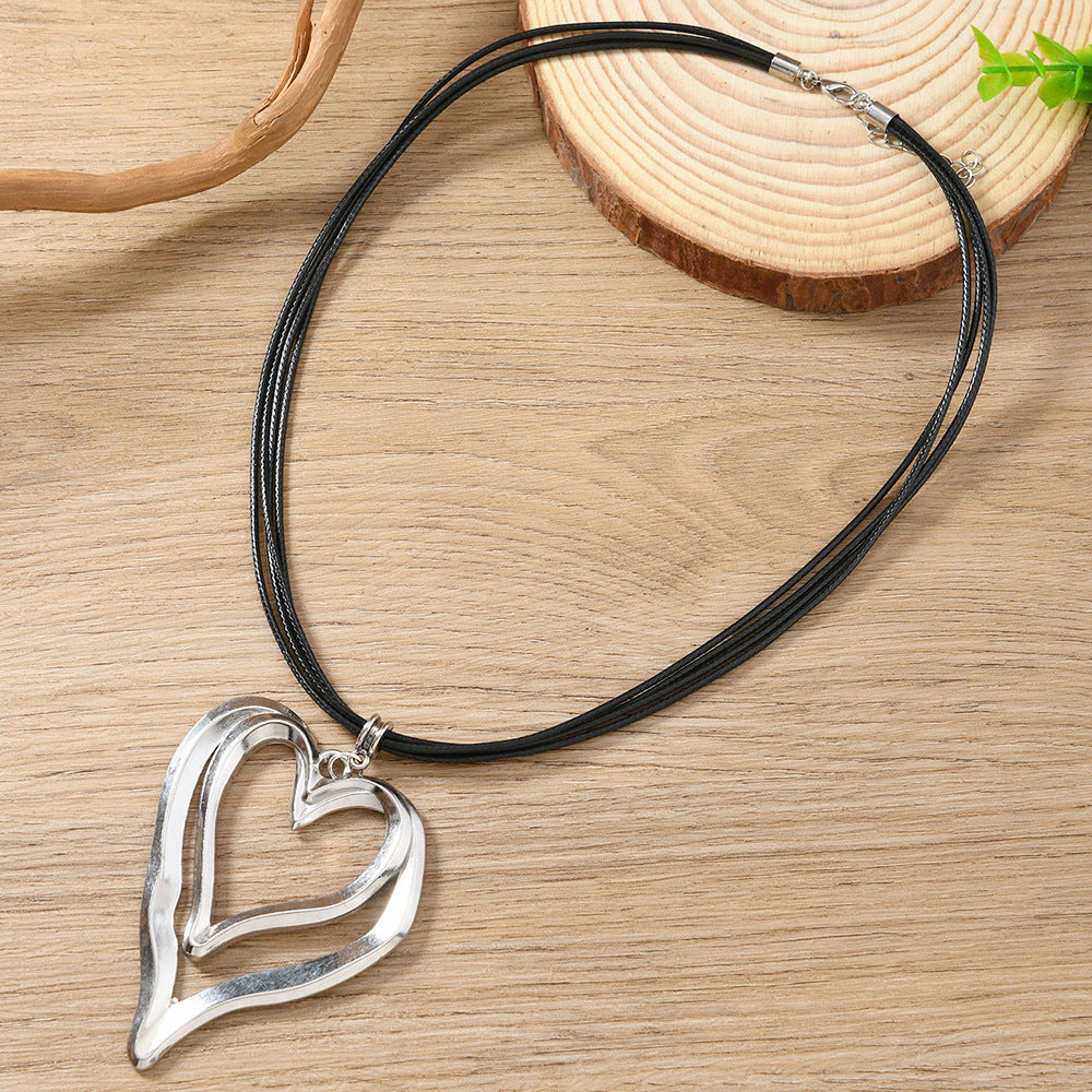 Heart Shape Double Layer Necklace For Women In Black, 1 Piece Elegant Jewelry Accessory