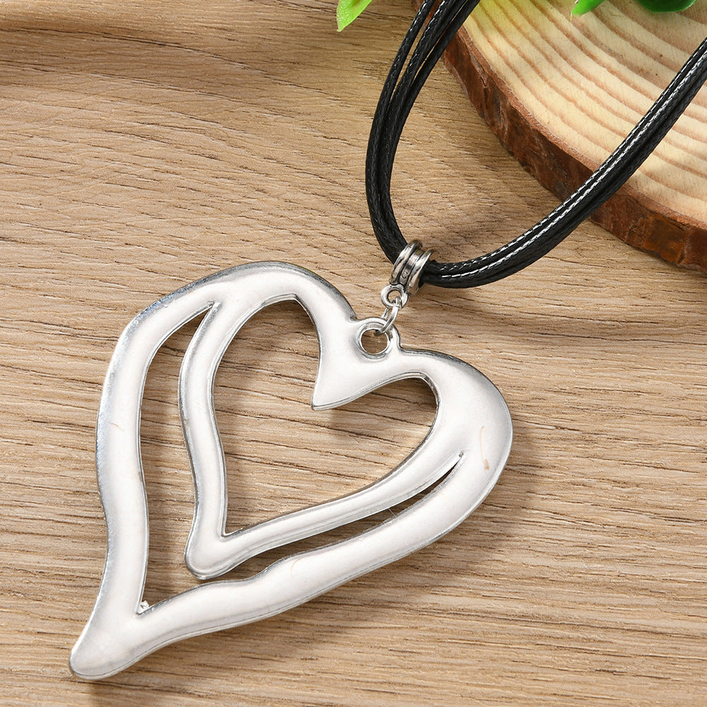 Heart Shape Double Layer Necklace For Women In Black, 1 Piece Elegant Jewelry Accessory
