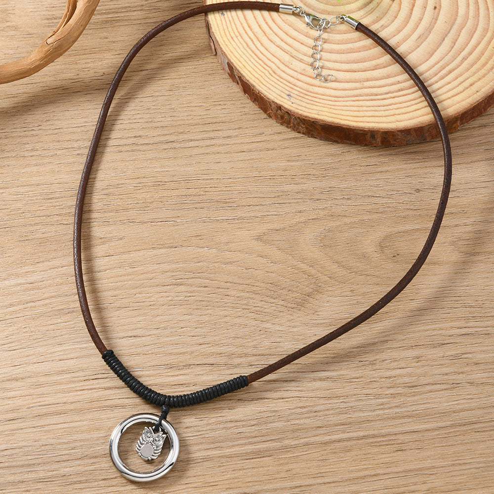 Owl Necklace For Women Featuring Leather Rope Design